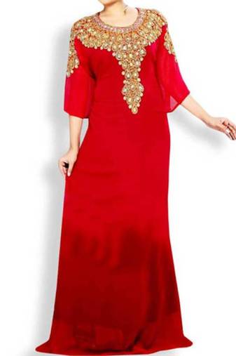 Red Embroidered Georgette Islamic Kaftans With Zari & Stone Work