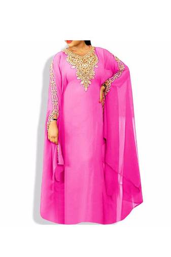 Pink Embroidered Georgette Islamic Kaftans With Zari & Stone Work