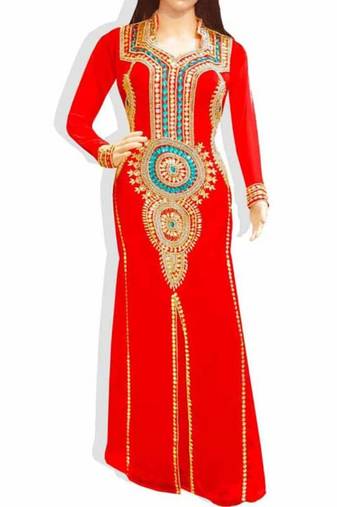 Red Embroidered Georgette Islamic Kaftans With Zari & Stone Work