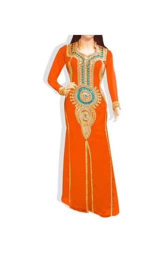 Orange Embroidered Georgette Islamic Kaftans With Zari & Stone Work