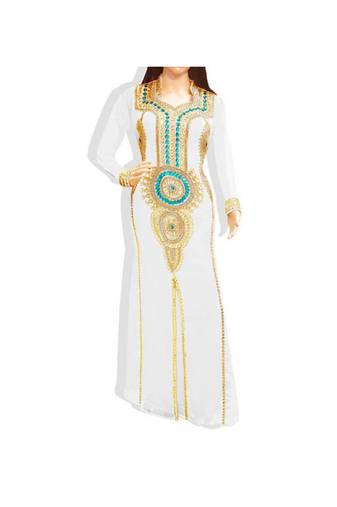 White Embroidered Georgette Islamic Kaftans With Zari & Stone Work