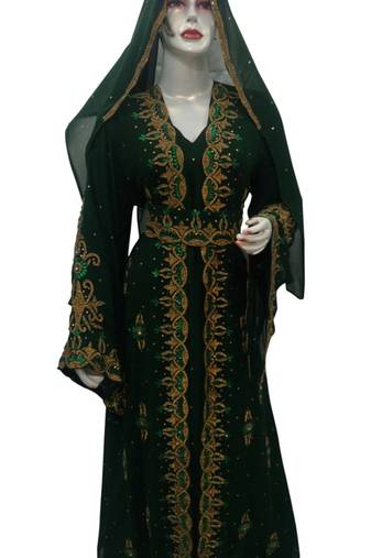 Green Embroidered Georgette Islamic Kaftans With Zari & Stone Work