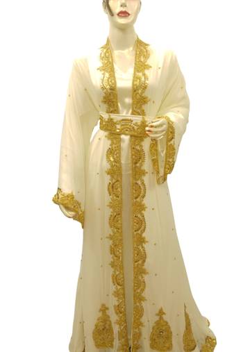Cream Embroidered Georgette Islamic Kaftans With Zari & Stone Work