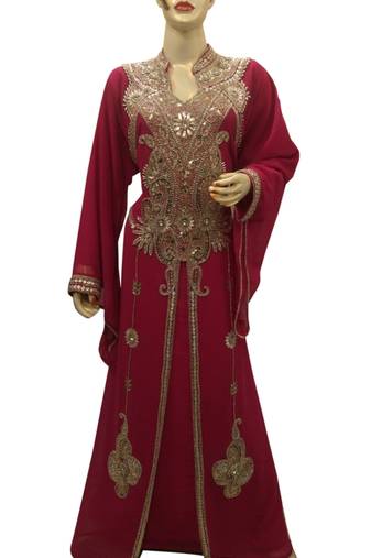 Maroon Embroidered Georgette Islamic Kaftans With Zari & Stone Work