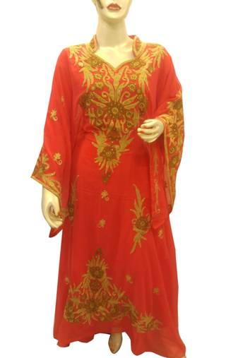 Tomato Embroidered Georgette Islamic Kaftans With Zari & Stone Work