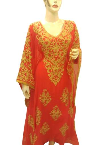 Tomato Embroidered Georgette Islamic Kaftans With Zari & Stone Work