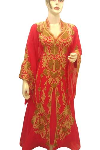 Tomato Embroidered Georgette Islamic Kaftans With Zari & Stone Work