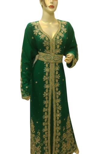 Green Embroidered Georgette Islamic Kaftans With Zari & Stone Work