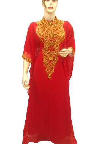 Red Embroidered Georgette Islamic Kaftans With Zari & Stone Work