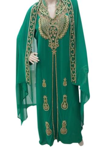 Green Embroidered Georgette Islamic Kaftans With Zari & Stone Work