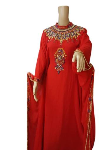 Red Embroidered Georgette Islamic Kaftans With Zari & Stone Work