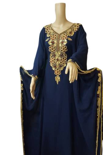 Navy Blue Embroidered Georgette Islamic Kaftans With Zari & Stone Work