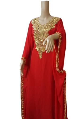 Red Embroidered Georgette Islamic Kaftans With Zari & Stone Work
