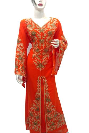 Tomato Embroidered Georgette Islamic Kaftans With Zari & Stone Work