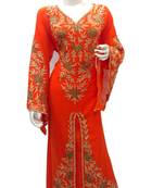 Tomato Embroidered Georgette Islamic Kaftans With Zari & Stone Work