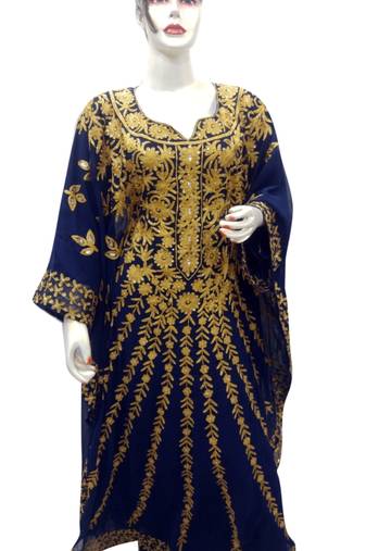 Navy Blue Embroidered Georgette Islamic Kaftans With Zari & Stone Work