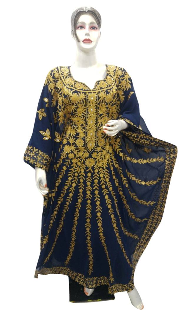 Navy Blue Embroidered Georgette Islamic Kaftans With Zari & Stone Work