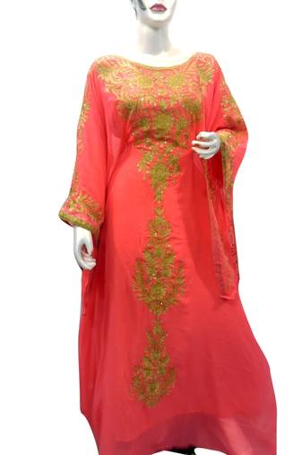 Tomato Embroidered Georgette Islamic Kaftans With Zari & Stone Work