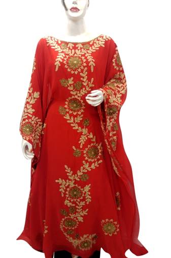 Red Embroidered Georgette Islamic Kaftans With Zari & Stone Work