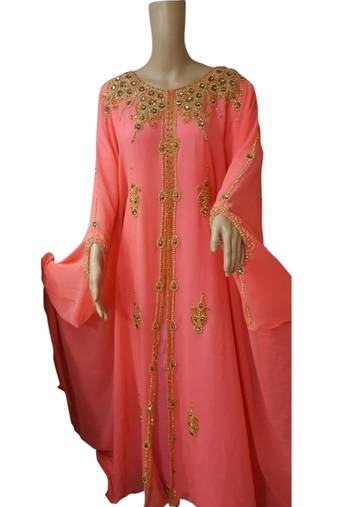 Peach Embroidered Georgette Islamic Kaftans With Zari & Stone Work