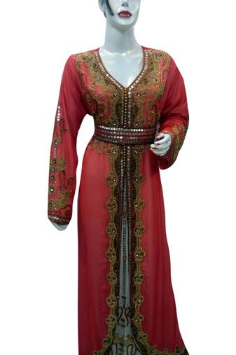 Inner Cream Jacket Pink  Embroidered Georgette Islamic Kaftans With Zari & Stone Work