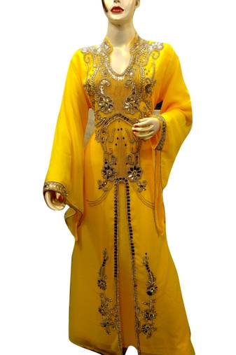 Yellow Embroidered Georgette Islamic Kaftans With Zari & Stone Work