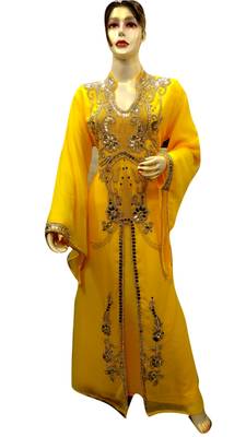 Yellow Embroidered Georgette Islamic Kaftans With Zari & Stone Work 1
