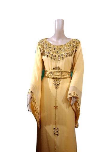 Beige Embroidered Georgette Islamic Kaftans With Zari & Stone Work