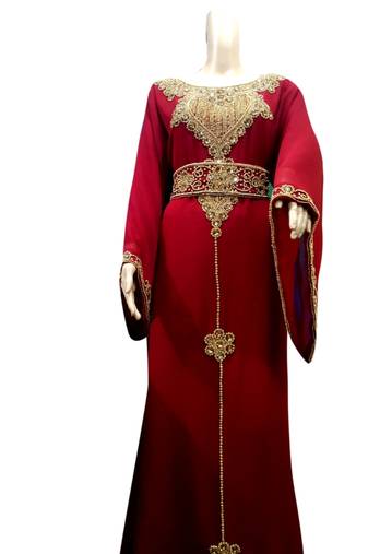 Red Embroidered Georgette Islamic Kaftans With Zari & Stone Work