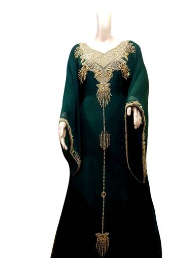 Green Embroidered Georgette Islamic Kaftans With Zari & Stone Work