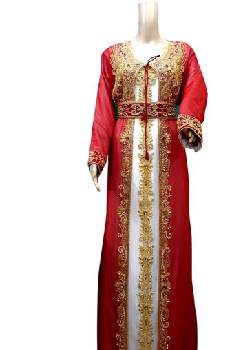 Inenr Cream Jacket Red Embroidered Georgette Islamic Kaftans With Zari & Stone Work