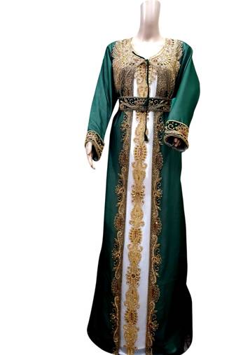 Inner Cream Jacket Green Embroidered Georgette Islamic Kaftans With Zari & Stone Work