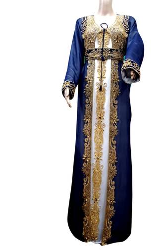Inenr Cream Jacket Navy Blue Embroidered Georgette Islamic Kaftans With Zari & Stone Work