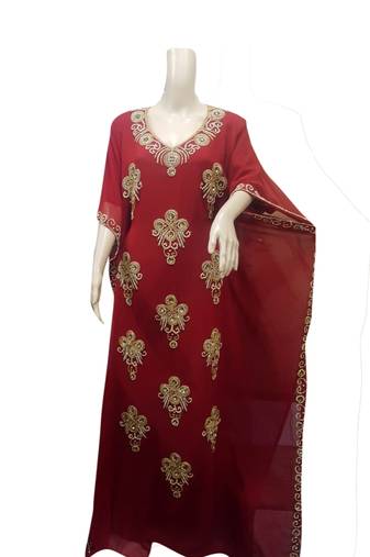 Maroon Embroidered Georgette Islamic Kaftans With Zari & Stone Work