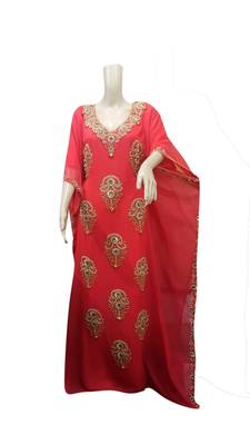 Tomato Embroidered Georgette Islamic Kaftans With Zari & Stone Work 1