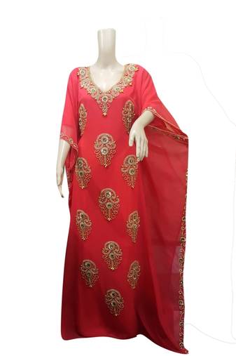 Tomato Embroidered Georgette Islamic Kaftans With Zari & Stone Work