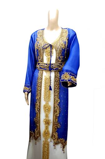 Inner Cream Jacket Royal Blue Embroidered Georgette Islamic Kaftans With Zari & Stone Work
