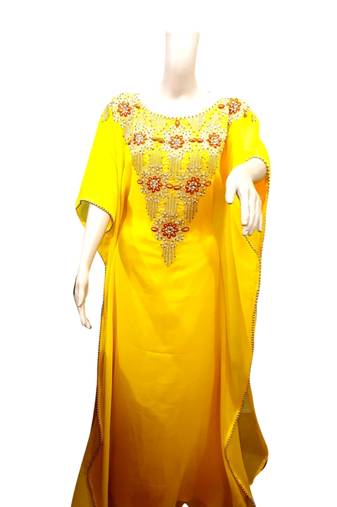 Yellow Embroidered Georgette Islamic Kaftans With Zari & Stone Work
