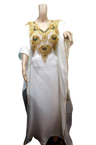 Off White Embroidered Georgette Islamic Kaftans With Zari & Stone Work