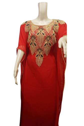 Red Embroidered Georgette Islamic Kaftans With Zari & Stone Work
