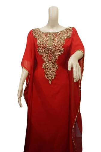 Red Embroidered Georgette Islamic Kaftans With Zari & Stone Work