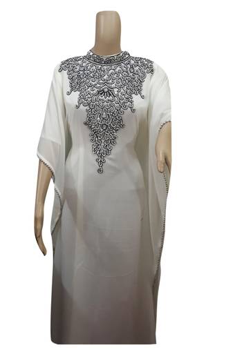 Off White Embroidered Georgette Islamic Kaftans With Zari & Stone Work