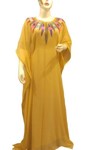 Yellow Embroidered Georgette Islamic Kaftans With Zari & Stone Work