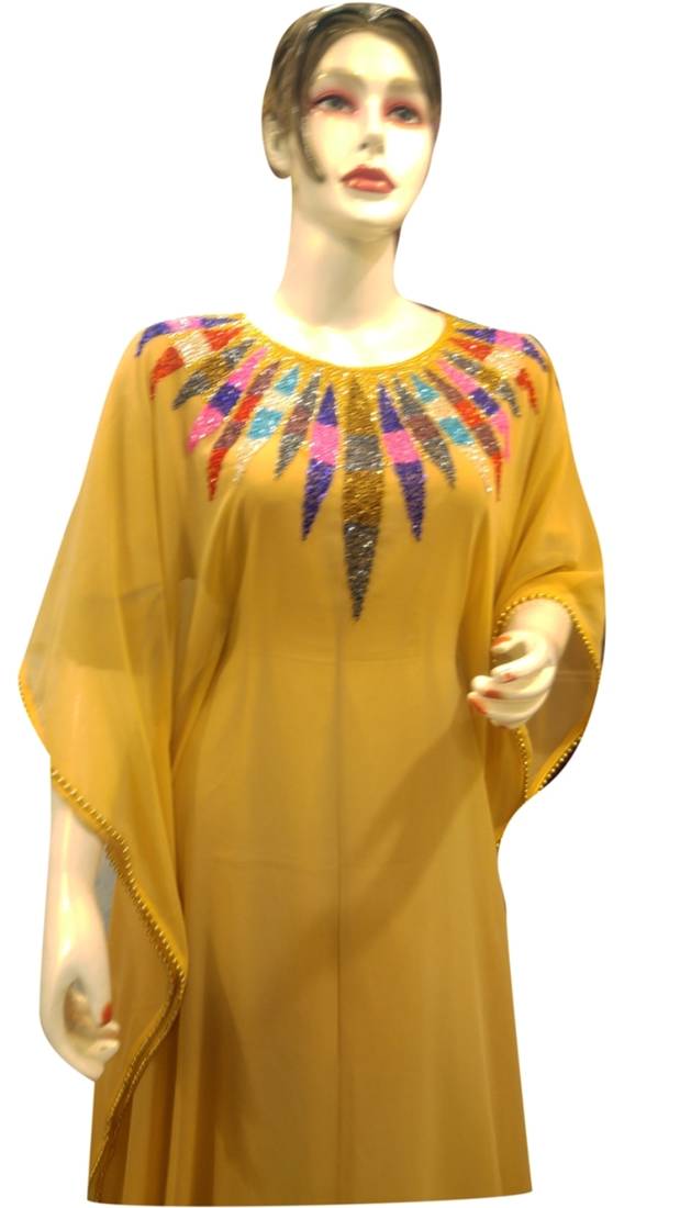 Yellow Embroidered Georgette Islamic Kaftans With Zari & Stone Work