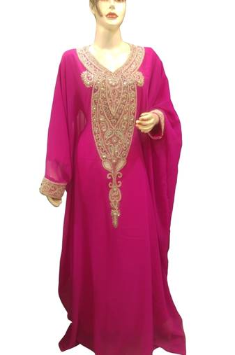 Pink Embroidered Georgette Islamic Kaftans With Zari & Stone Work