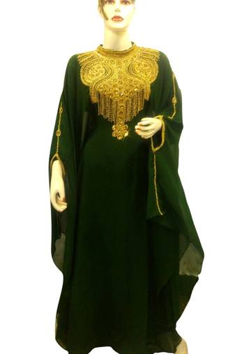 Green Embroidered Georgette Islamic Kaftans With Zari & Stone Work