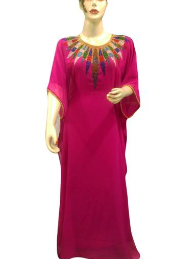 Pink Embroidered Georgette Islamic Kaftans With Zari & Stone Work