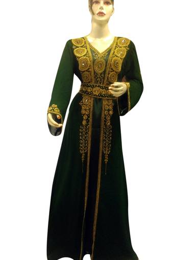 Green Embroidered Georgette Islamic Kaftans With Zari & Stone Work