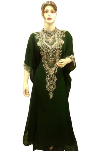 Green Embroidered Georgette Islamic Kaftans With Zari & Stone Work