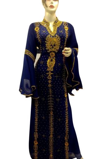 Navy Blue Embroidered Georgette Islamic Kaftans With Zari & Stone Work